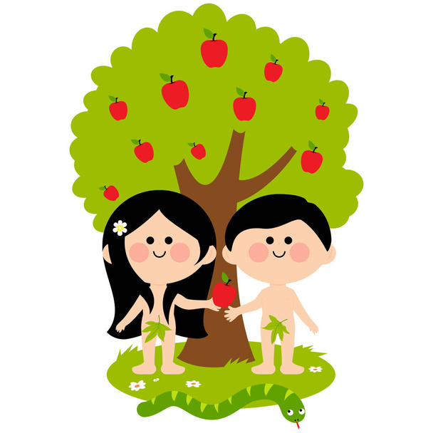 Vector Illustration of Adam, Eve and the snake under an apple tree. Eve giving apple to Adam. - Вектор,изображение