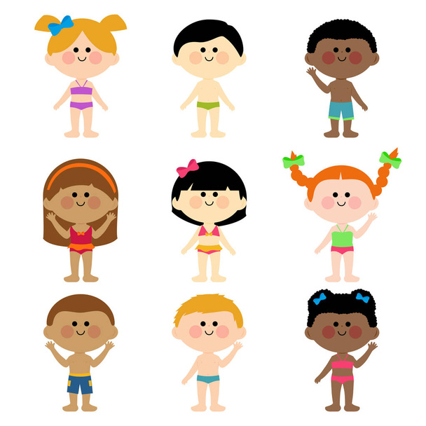 Vector Illustration set of boys and girls in swimsuits, on white background. - Вектор, зображення