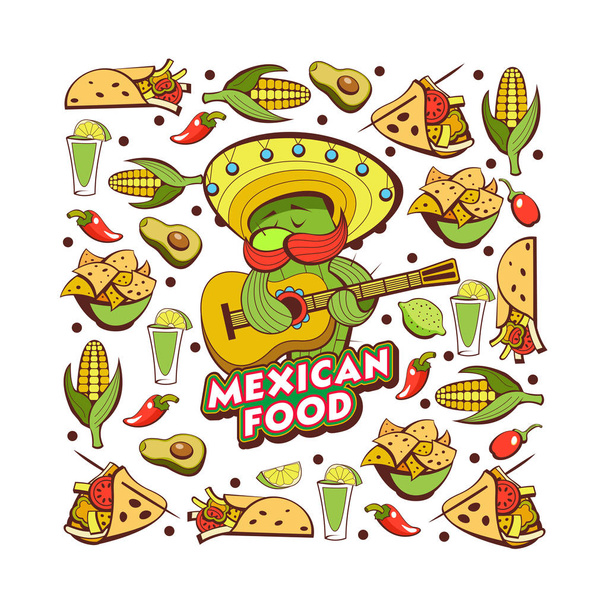 Egy sor népszerű mexikói gyorséttermi ételek. Vicces kaktusz sombrero gitározni. Rajzfilm stílusú vektoros illusztráció. - Vektor, kép