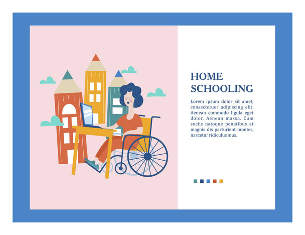 ホーム スクーリングします。少女は車椅子の障害者が自宅に彼の教育を取得します。オンライン学習。ベクトルの図。Homeschoolin のコンセプト - ベクター画像