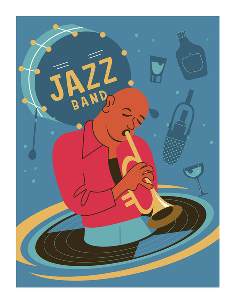 Poster music festival, retro party in the style of the 70's, 80's. The musician plays the trumpet. Jazz music. Vector illustration. - Vektör, Görsel