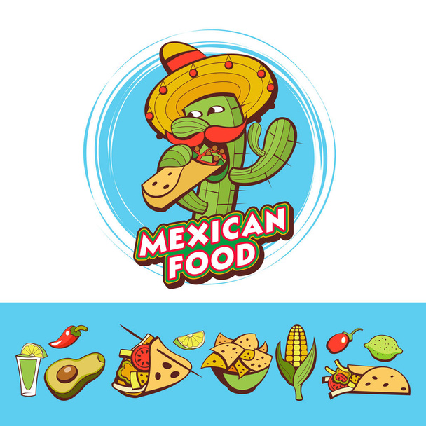 人気のメキシコのファーストフードの皿のセット。ブリトーを食べてソンブレロで面白いサボテンです。漫画のスタイルのベクトル図. - ベクター画像