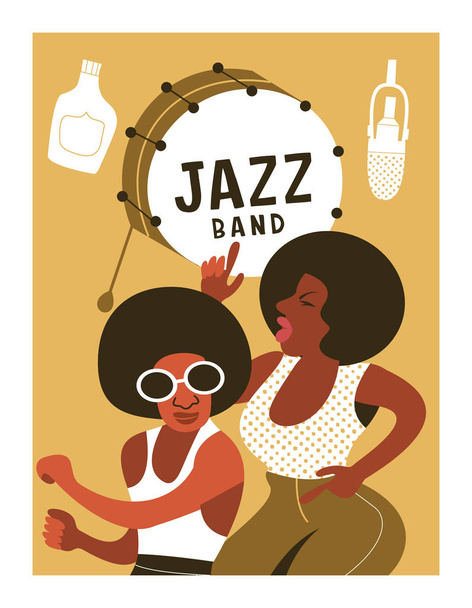 Poster music festival, retro party in the style of the 70s, 80s in the disco style. Couple with African hairstyles dancing disco. Vector illustration. - Vector, Image