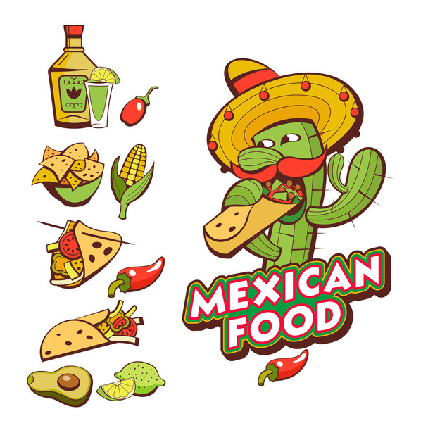 eine Reihe beliebter mexikanischer Fast-Food-Gerichte. Lustiger Kaktus im Sombrero, der Burritos isst. Vektorillustration im Cartoon-Stil. - Vektor, Bild