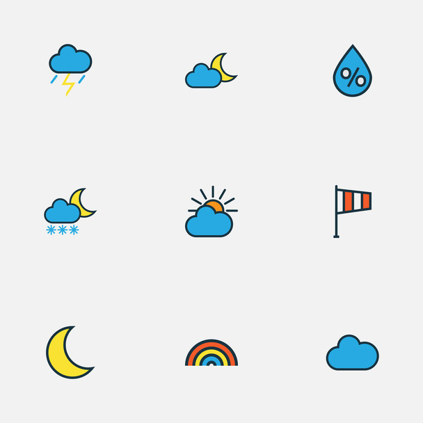 Air icônes ligne colorée réglée avec girouette, rayon de lune, météo après la pluie et d'autres éléments du drapeau. Illustration isolée icônes aériennes
. - Photo, image