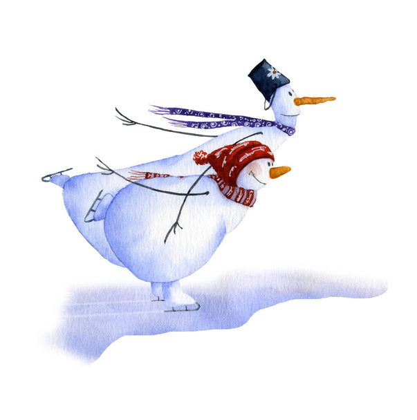Két korcsolyázás hóembert kézzel festett, akvarell. - Fotó, kép
