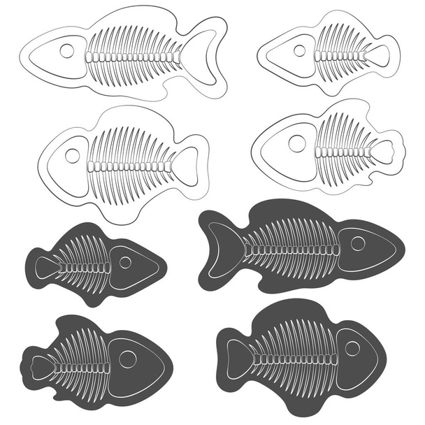 Set of black and white illustrations of fish with skeletons. Isolated vector objects on white background. - Vettoriali, immagini