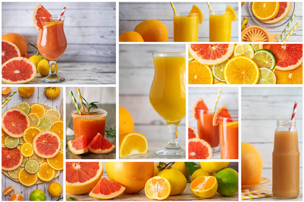 Collage of citrus Fruit drinks. Orange, mandarin, lime and grapefruit juice mix. - Photo, Image