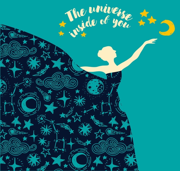 Μπαλαρίνα σε έναστρο φόρεμα, αφίσα «Το σύμπαν μέσα σας», μπορεί να χρησιμοποιηθεί ως banner για το στούντιο μπαλέτου, εικονογράφηση διάνυσμα - Διάνυσμα, εικόνα