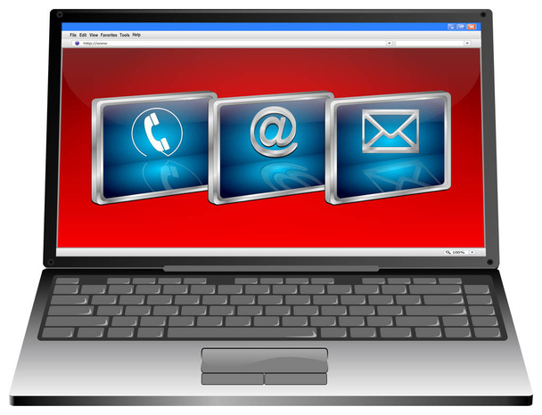 Laptop met blauwe contact knop op rode desktop - 3d illustratie - Foto, afbeelding