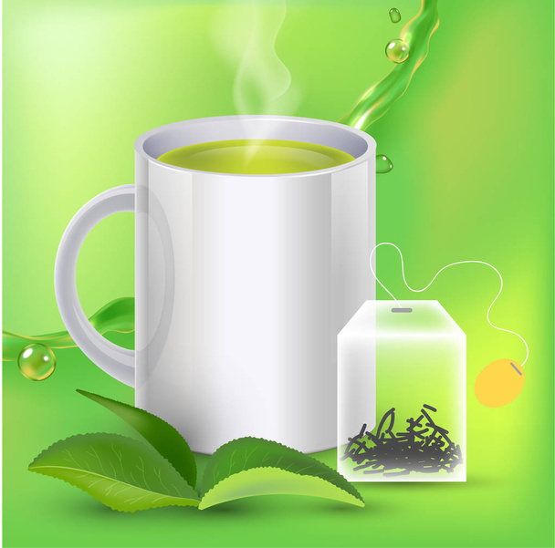 Green tea banner ads with tea leaves, green background with realistic splash of tea and tea bag in 3d illustration - Wektor, obraz