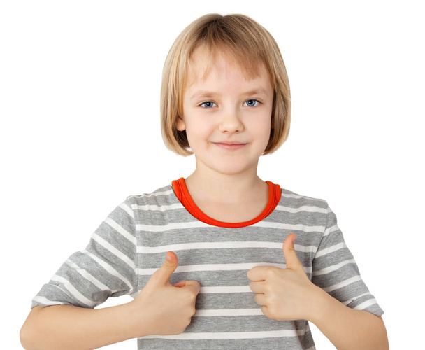 girl showing thumbs up isolated on white - Fotoğraf, Görsel
