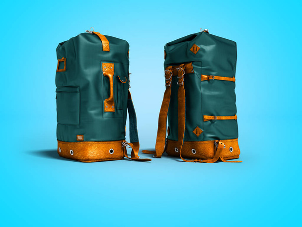 Большой кожаный синий рюкзак для туристических поездок 3D рендеринг на голубом фоне с тенью
 - Фото, изображение
