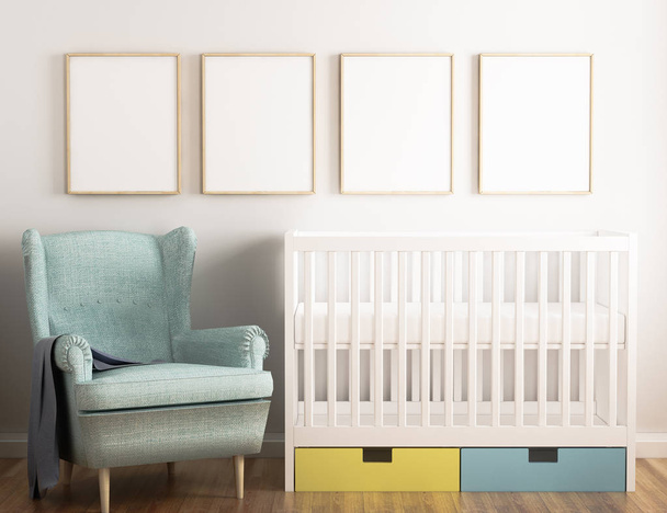 baby room with white and blue frames on wall - Photo, Image