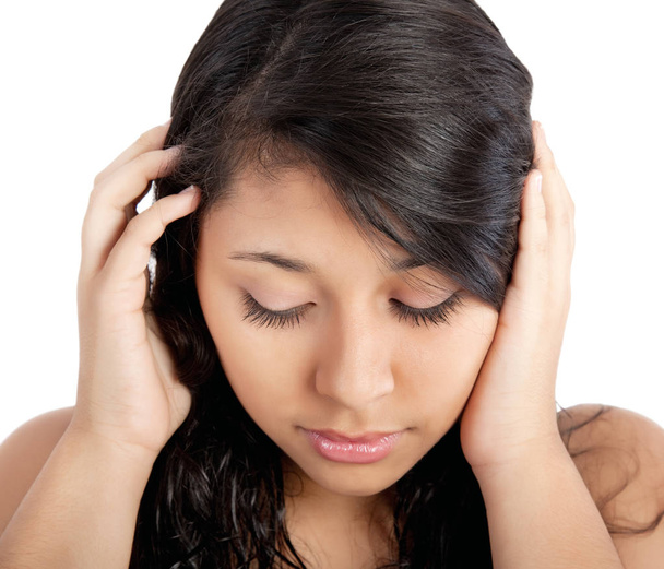 close up portrait of a young woman with headache - Φωτογραφία, εικόνα