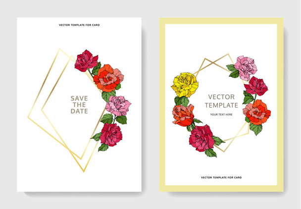 White cards with rose flowers. Wedding cards with floral decorative engraved ink art. Thank you, rsvp, invitation elegant cards illustration graphic set banners.  - Vector, Image