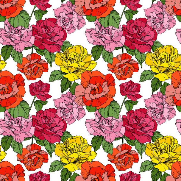 Beautiful vector roses. Orange and yellow engraved ink art. Seamless background pattern. Fabric wallpaper print texture.  - Vector, Image
