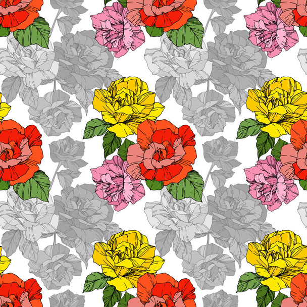 Beautiful vector roses. Orange and yellow color engraved ink art. Seamless background pattern. Fabric wallpaper print texture.  - Vector, Image