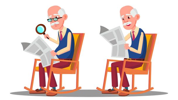 Ein sehbehinderter älterer Mann liest ein Buch durch eine Lupe. Isolierte Cartoon-Illustration - Vektor, Bild
