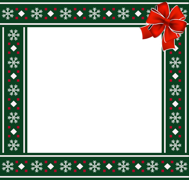 Cute Christmas or new year green border with xmas snowflakes pattern ornament and red festive bow on white background. Vector illustration, square template, photo frame, scrapbooking, copy space - Vector, Image