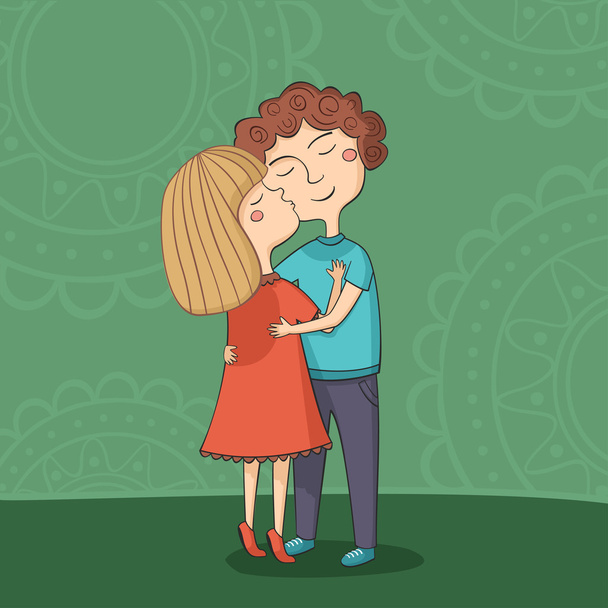 Illustration of multicultural boy and girl kissing on the cheek - Вектор,изображение