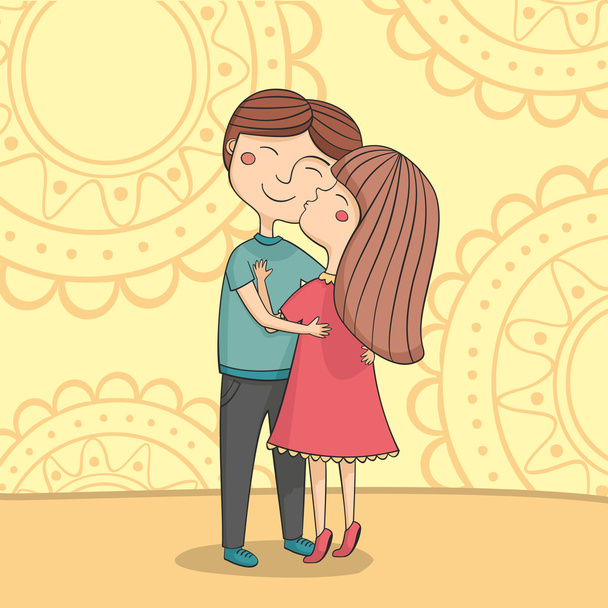 Ilustración de chico y chica multicultural besándose en la mejilla
 - Vector, imagen