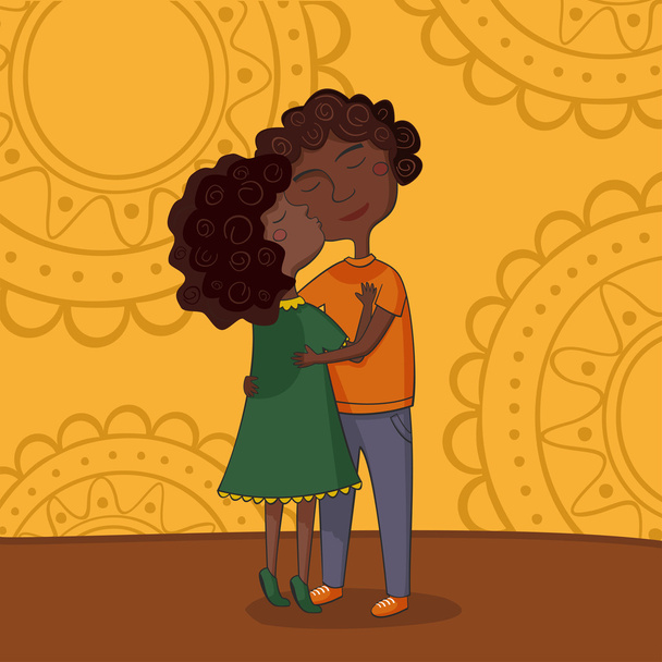 Εικονογράφηση της πολυπολιτισμικής αγόρι και το κορίτσι φιλί στο μάγουλο - Διάνυσμα, εικόνα