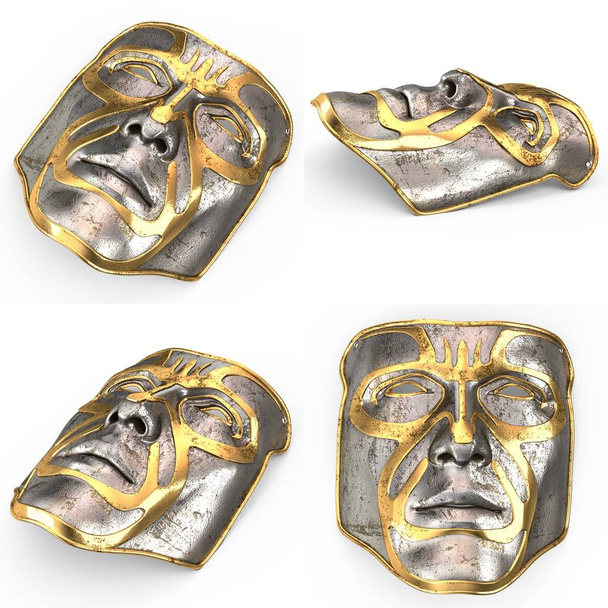 Demir maske yüzünde altınla yalıtılmış beyaz zemin üzerine ekler. 3D çizim - Fotoğraf, Görsel