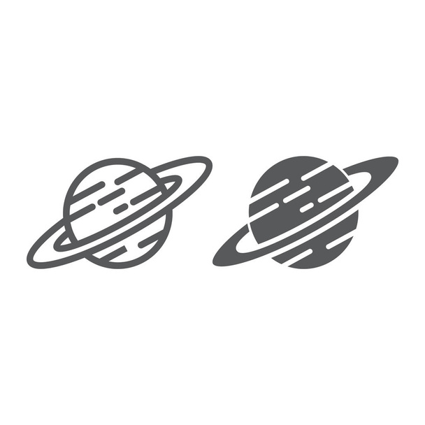 土星線とグリフ アイコン、天文学、宇宙、惑星記号のベクトル グラフィックス、白い背景の上の線形パターン. - ベクター画像