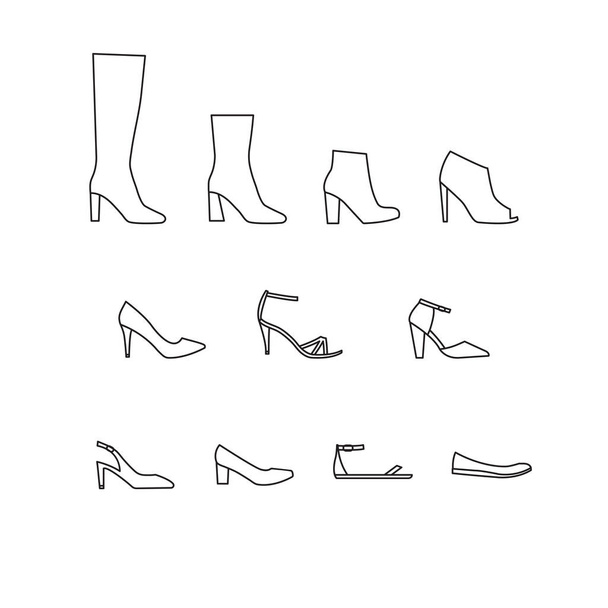 Vector set of different types of outline women shoes. Outline wo - Vector, Image