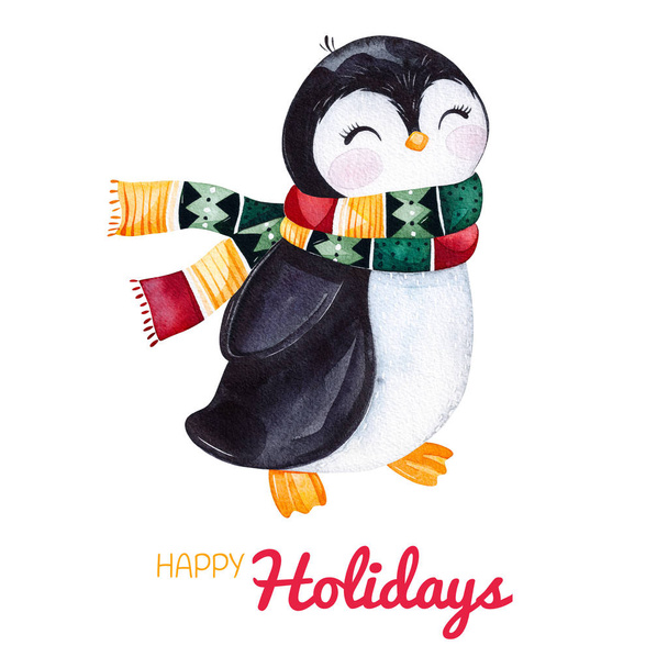 Cute watercolor penguin in winter knitted clothes.Hand painted holiday illustration.Perfect for your Christmas and New Year project,invitations,greeting cards,wallpapers,blogs etc - Photo, Image
