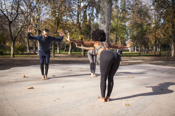 Yogi groep praktizerende yoga buiten - Foto, afbeelding