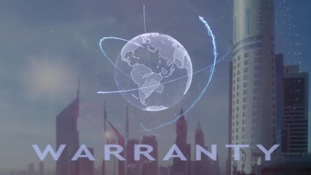 Garantie tekst met 3d hologram van de planeet aarde tegen de achtergrond van de moderne metropool - Video
