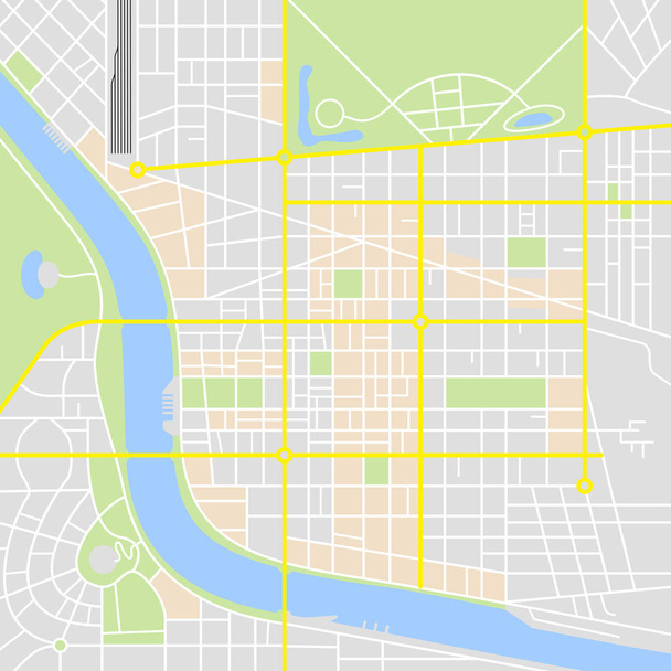 Mappa astratta della città con fiumi e parchi con la classica gamma di colori di applicazione della mappa
. - Vettoriali, immagini