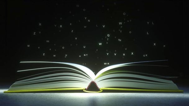 Leuchtende Buchstaben dampfen geheimnisvoll aus dem offenen Buch. Lesen oder Literatur im Zusammenhang mit 3D-Rendering - Foto, Bild