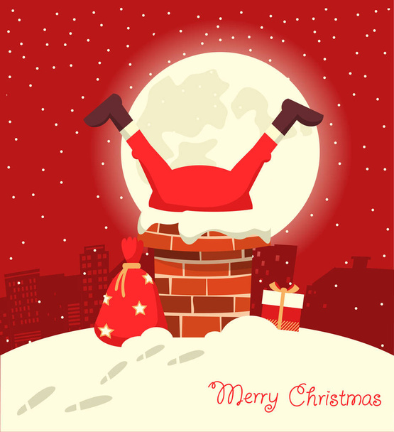 サンタ クロースはクリスマスの月夜の煙突で立ち往生。メリー クリスマス赤コミック カード  - ベクター画像