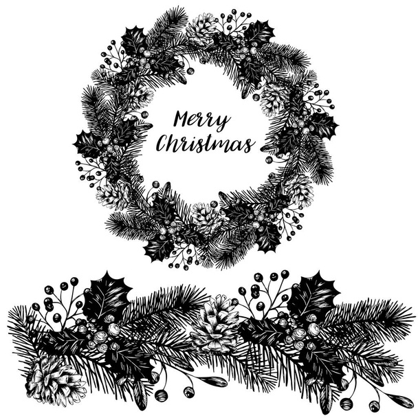 Vrolijke Kerstmis en gelukkig Nieuwjaar krans hand getrokken winter vintage illustratie. Zwart-wit vectorillustratie. - Vector, afbeelding