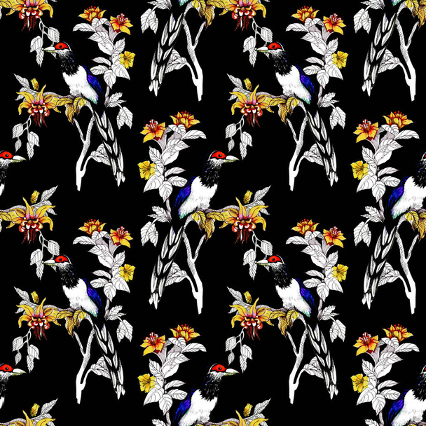 Watercolor Wild exotic birds on flowers seamless pattern - Fotoğraf, Görsel