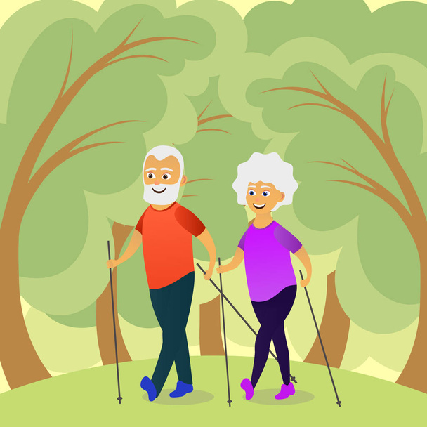 高齢者ノルディックウォー キング。老人と一緒に歩く女性。高齢者のアクティブなライフ スタイル。ベクトル図 - ベクター画像