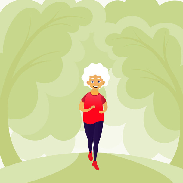 Mulheres idosas felizes vestidas com roupas esportivas fazendo fitness, correndo. Uma idosa activa. Personagem de desenhos animados. Ilustração vetorial
 - Vetor, Imagem