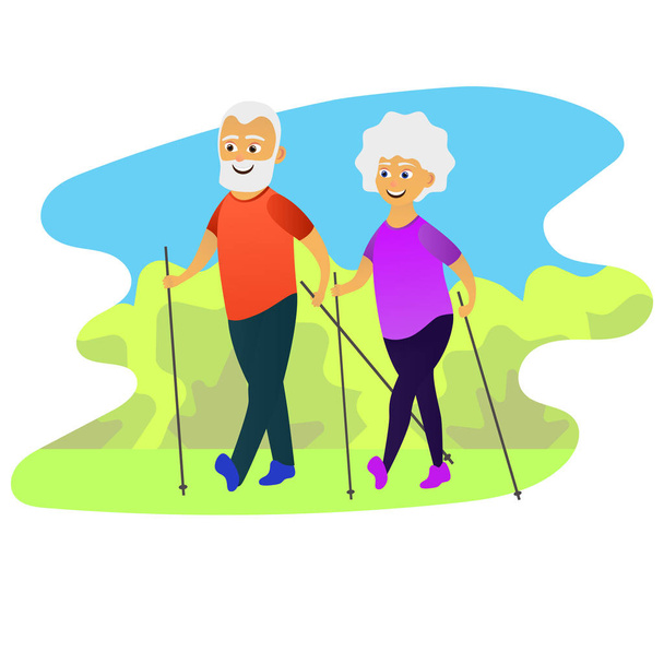 Seniors nordic walking. Old man and woman walking together. Elderly people active lifestyle. Vector illustration - Vector, Image