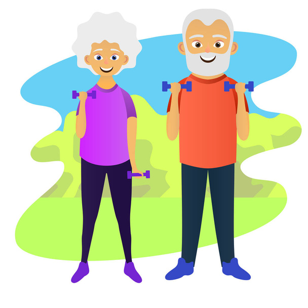 Old man and woman doing fitness exercises with dumbbells together. Elderly people active lifestyle. Vector illustration - Vector, Image