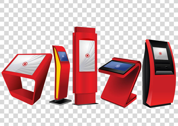 Cinque chiosco di informazioni interattive promozionali rosse, display pubblicitario, supporto terminale, display touch screen isolato su sfondo trasparente
. - Vettoriali, immagini