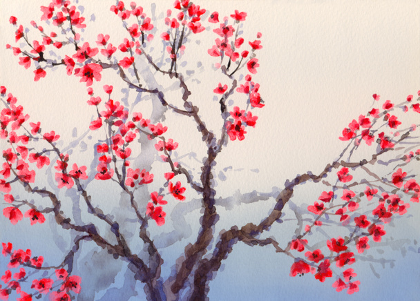 中国スタイルの水彩画の風景。咲く赤い花、 - 写真・画像
