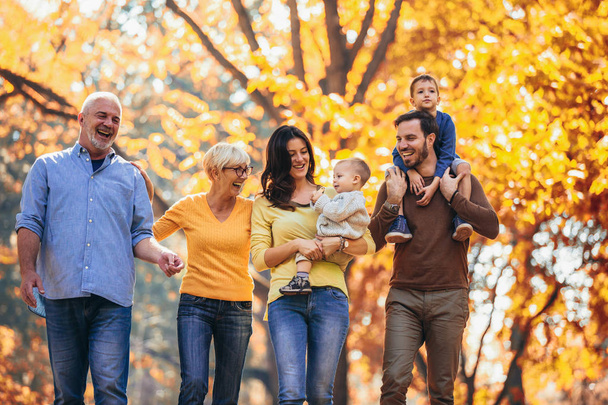 Multl sukupolven perhe syksyllä puistossa hauskaa
 - Valokuva, kuva