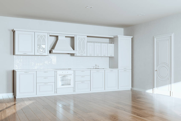 Классический Китчен в новом роскошном доме с лиственными полами, белыми стенами и винтажными аппликациями 3d рендеринга
 - Фото, изображение