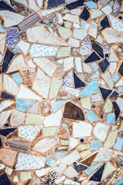 Closeup of neutral coloured beige and turquoise abstract mosaic ceramic tiles patterned background - Photo, Image