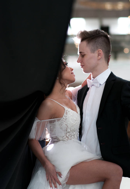 newlyweds on their wedding day in a wedding dress - Foto, Imagem