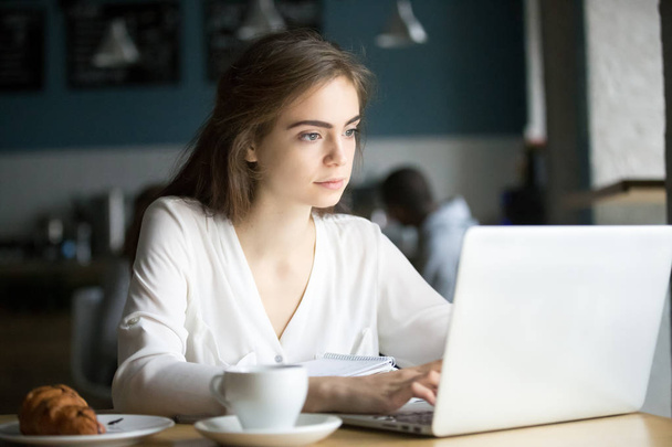 Focused female student working at laptop in coffeeshop - 写真・画像