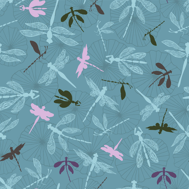 Dragonflies with lace design wings flying over a patch of waterlily leaves. Seamless vector pattern. Great for fabric, paper products, home decor, weddings - Διάνυσμα, εικόνα